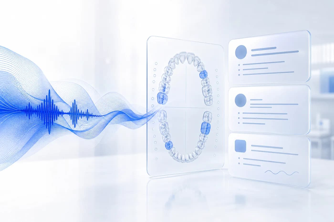 A translucent dental molar surrounded by clinical audio waveforms and structured note cards